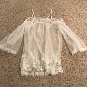 White sheer lace off the shoulder swimsuit coverup